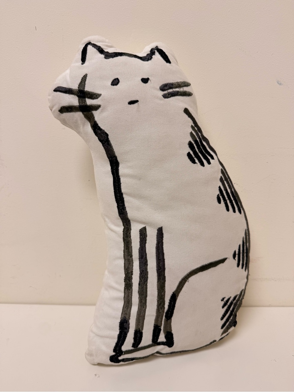 Adorable White Cat-Shaped Decorative Pillow with Black Sketch Plush